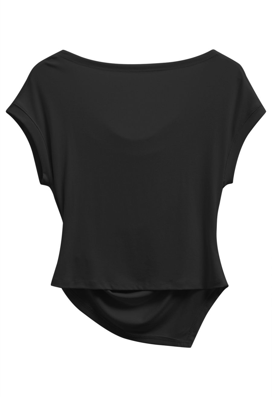 Cowl Neck Buttoned Asymmetric Hem Top in Black