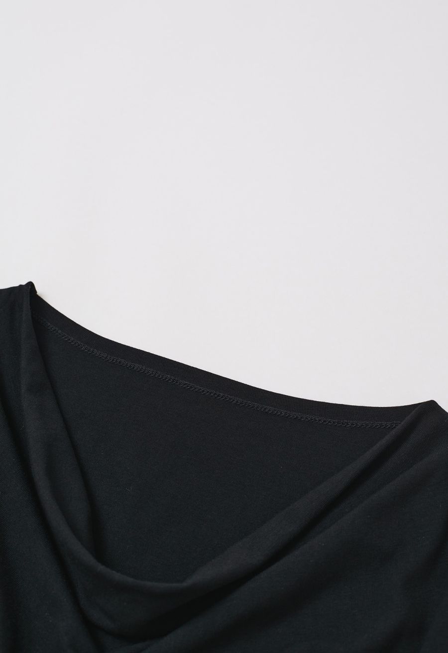 Cowl Neck Buttoned Asymmetric Hem Top in Black