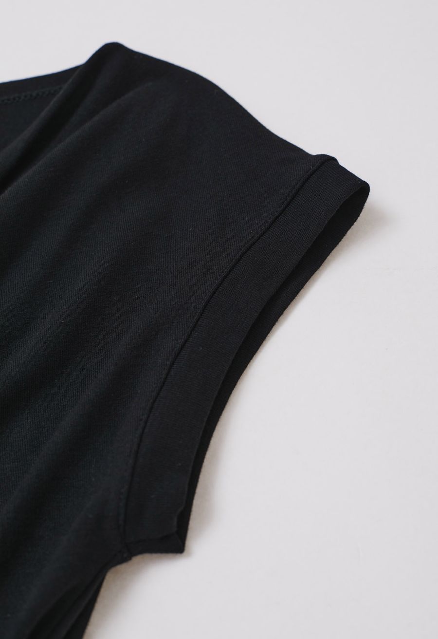 Cowl Neck Buttoned Asymmetric Hem Top in Black
