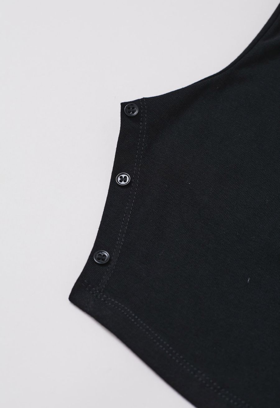 Cowl Neck Buttoned Asymmetric Hem Top in Black