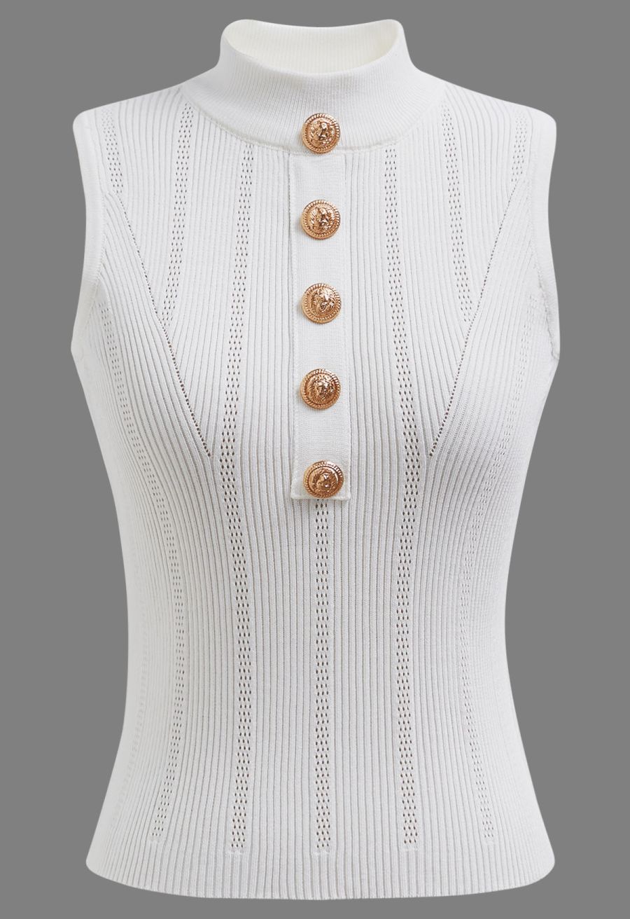 Golden Button Trim Sleeveless Rib Knit Top in White