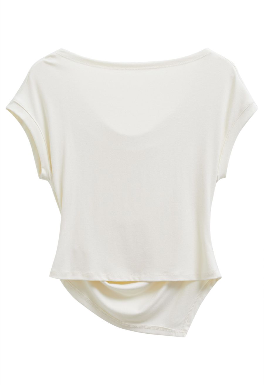 Cowl Neck Buttoned Asymmetric Hem Top in Cream