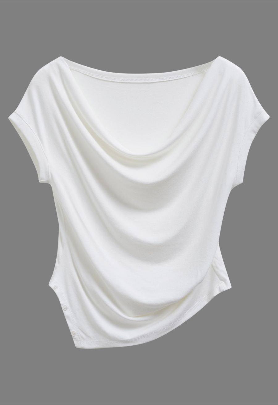 Cowl Neck Buttoned Asymmetric Hem Top in White