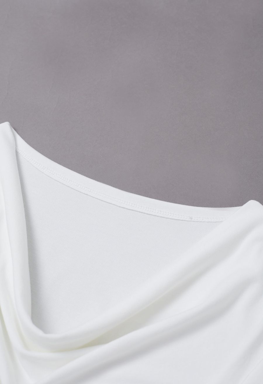 Cowl Neck Buttoned Asymmetric Hem Top in White