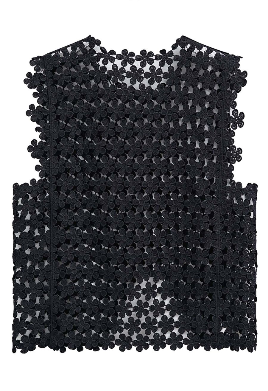 Floret Open-Knit Crochet Cover-Up Top in Black