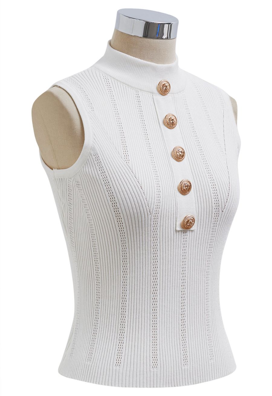 Golden Button Trim Sleeveless Rib Knit Top in White