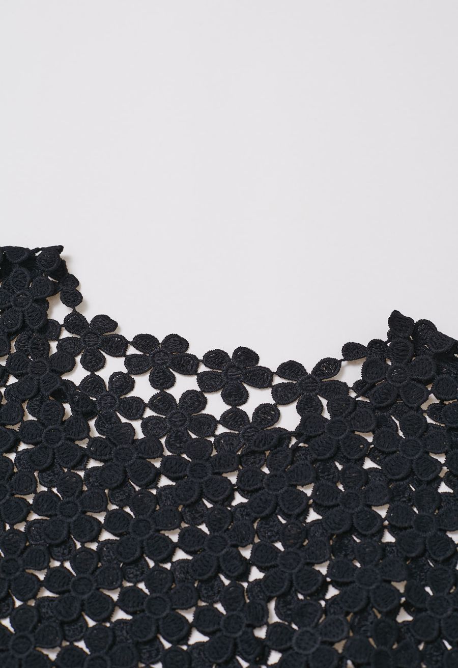 Floret Open-Knit Crochet Cover-Up Top in Black