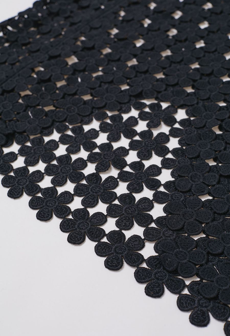 Floret Open-Knit Crochet Cover-Up Top in Black