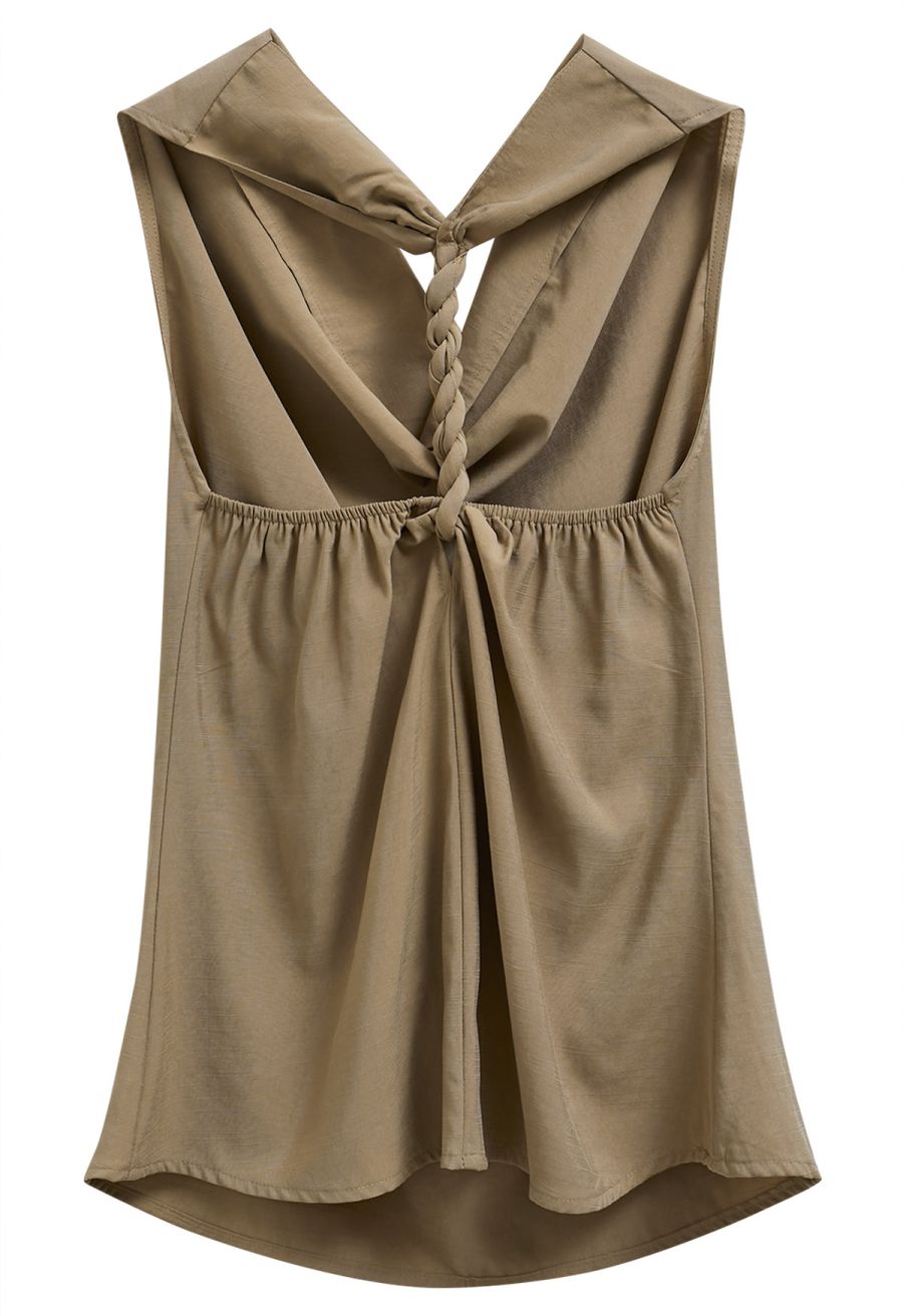 Cowl Neck Braided Open Back Sleeveless Top in Khaki