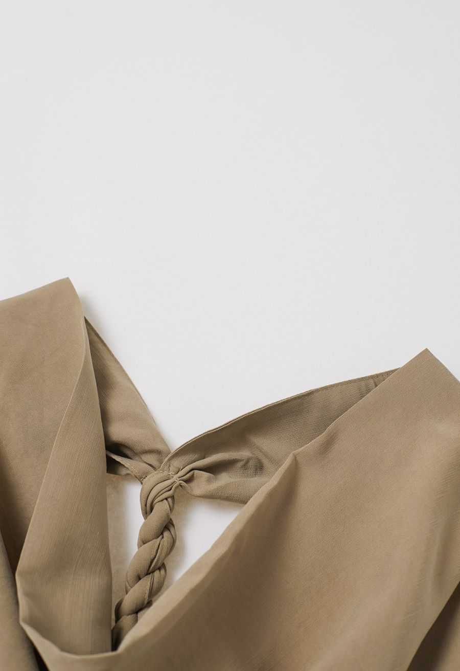 Cowl Neck Braided Open Back Sleeveless Top in Khaki