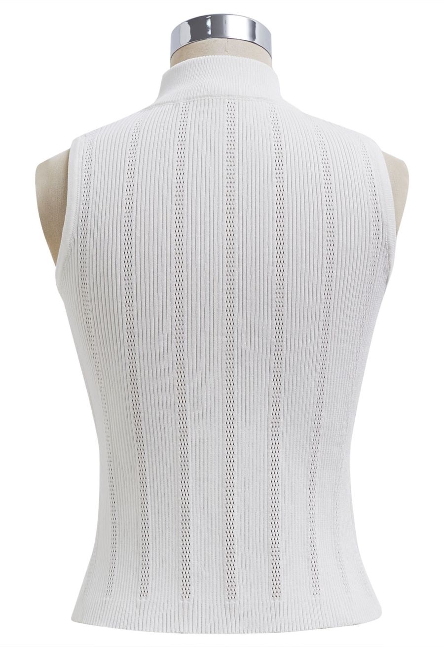 Golden Button Trim Sleeveless Rib Knit Top in White