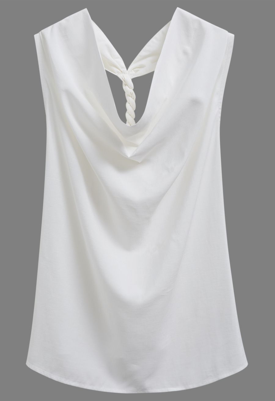 Cowl Neck Braided Open Back Sleeveless Top in White