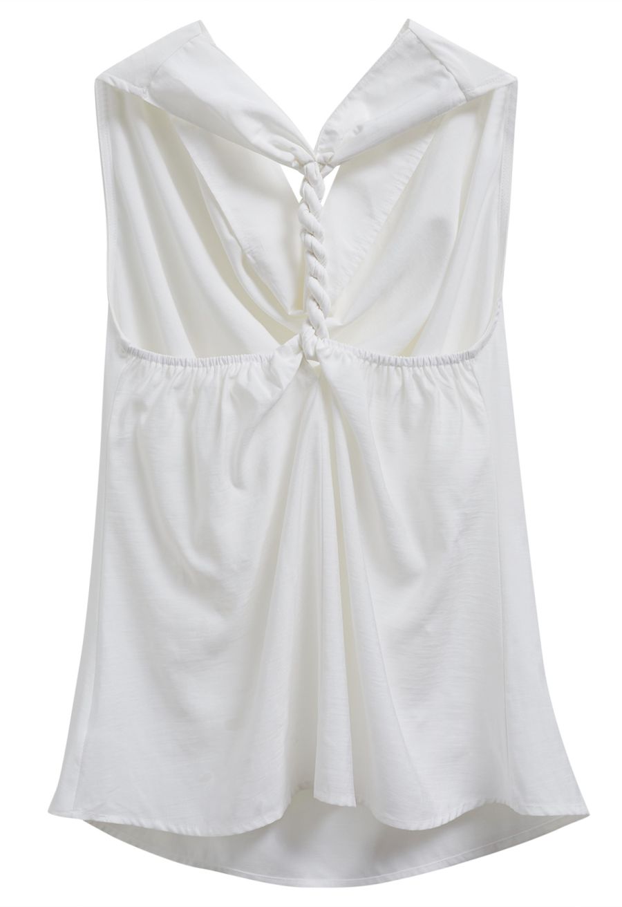 Cowl Neck Braided Open Back Sleeveless Top in White