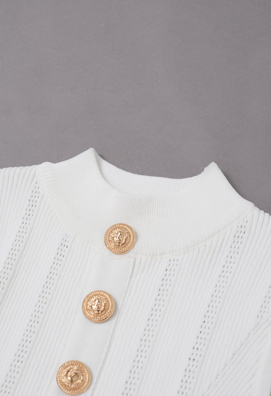 Golden Button Trim Sleeveless Rib Knit Top in White