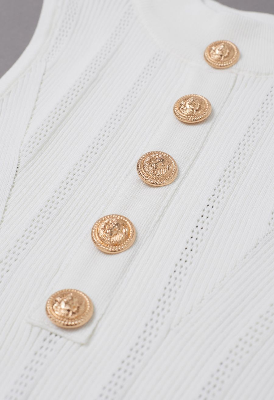 Golden Button Trim Sleeveless Rib Knit Top in White