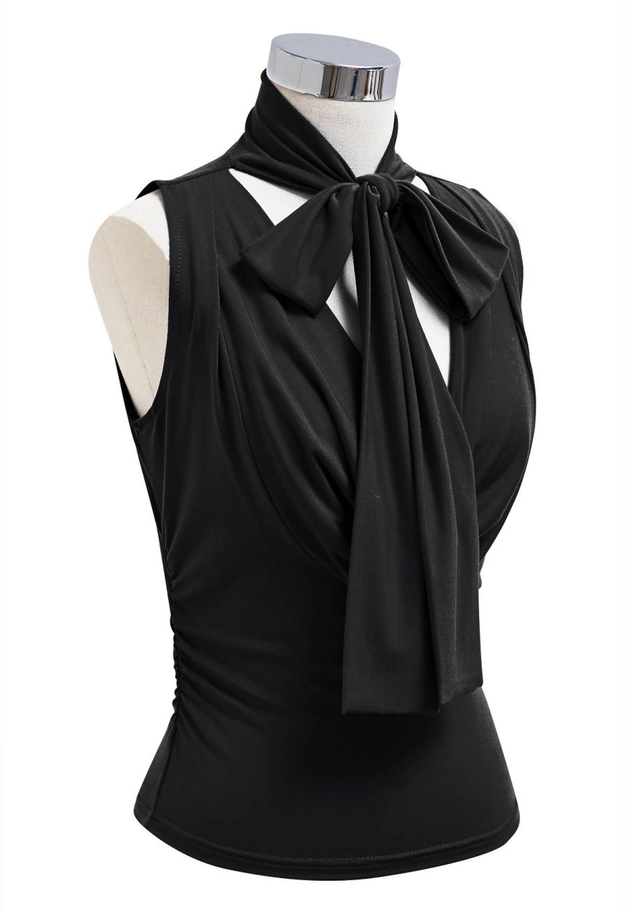 Self-Tie Bowknot Cowl Neck Ruched Top in Black