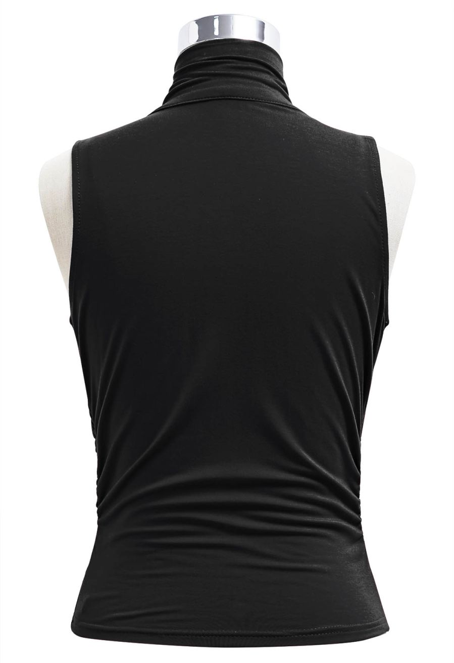 Self-Tie Bowknot Cowl Neck Ruched Top in Black