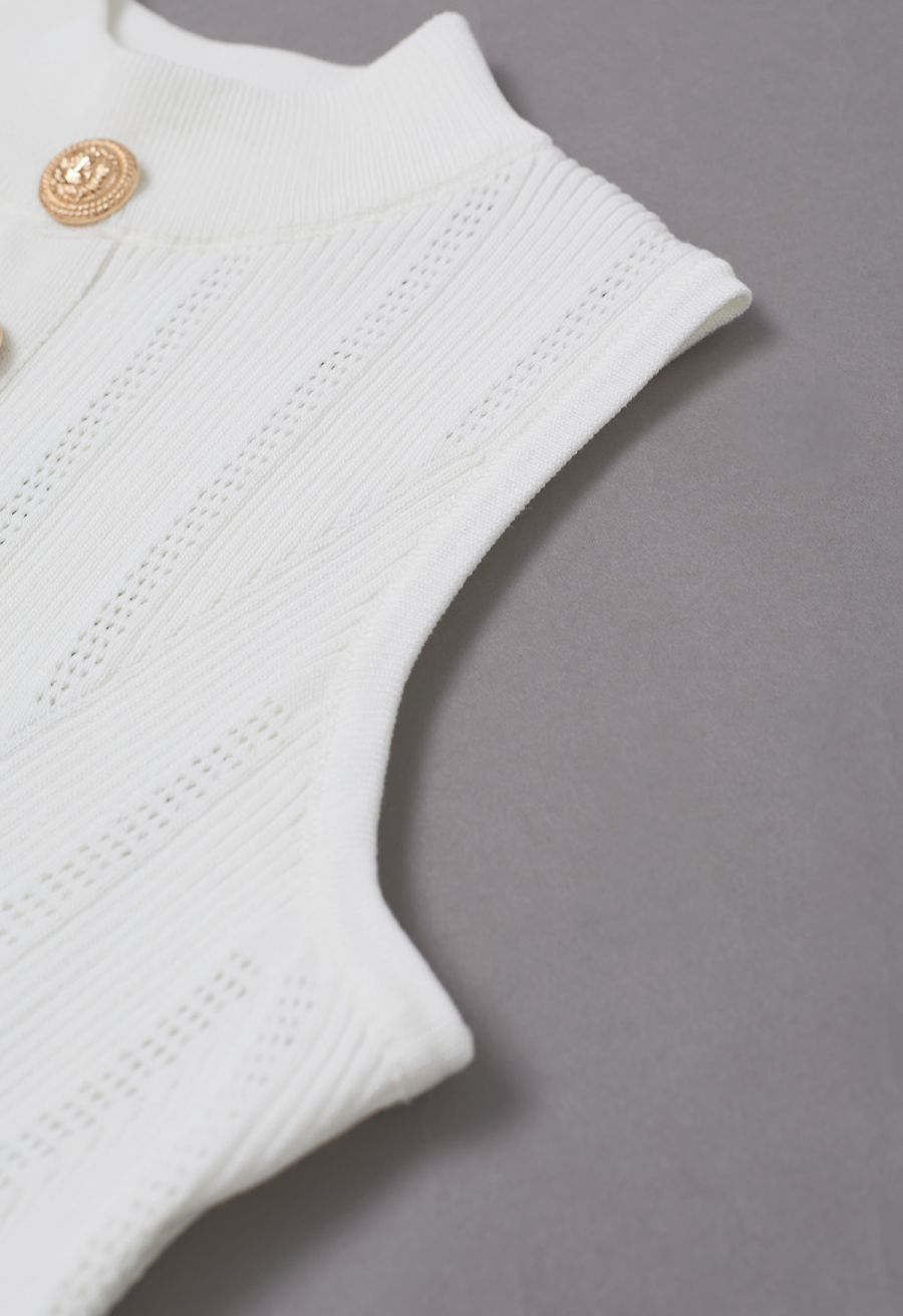 Golden Button Trim Sleeveless Rib Knit Top in White