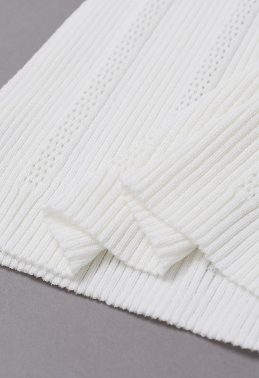 Golden Button Trim Sleeveless Rib Knit Top in White