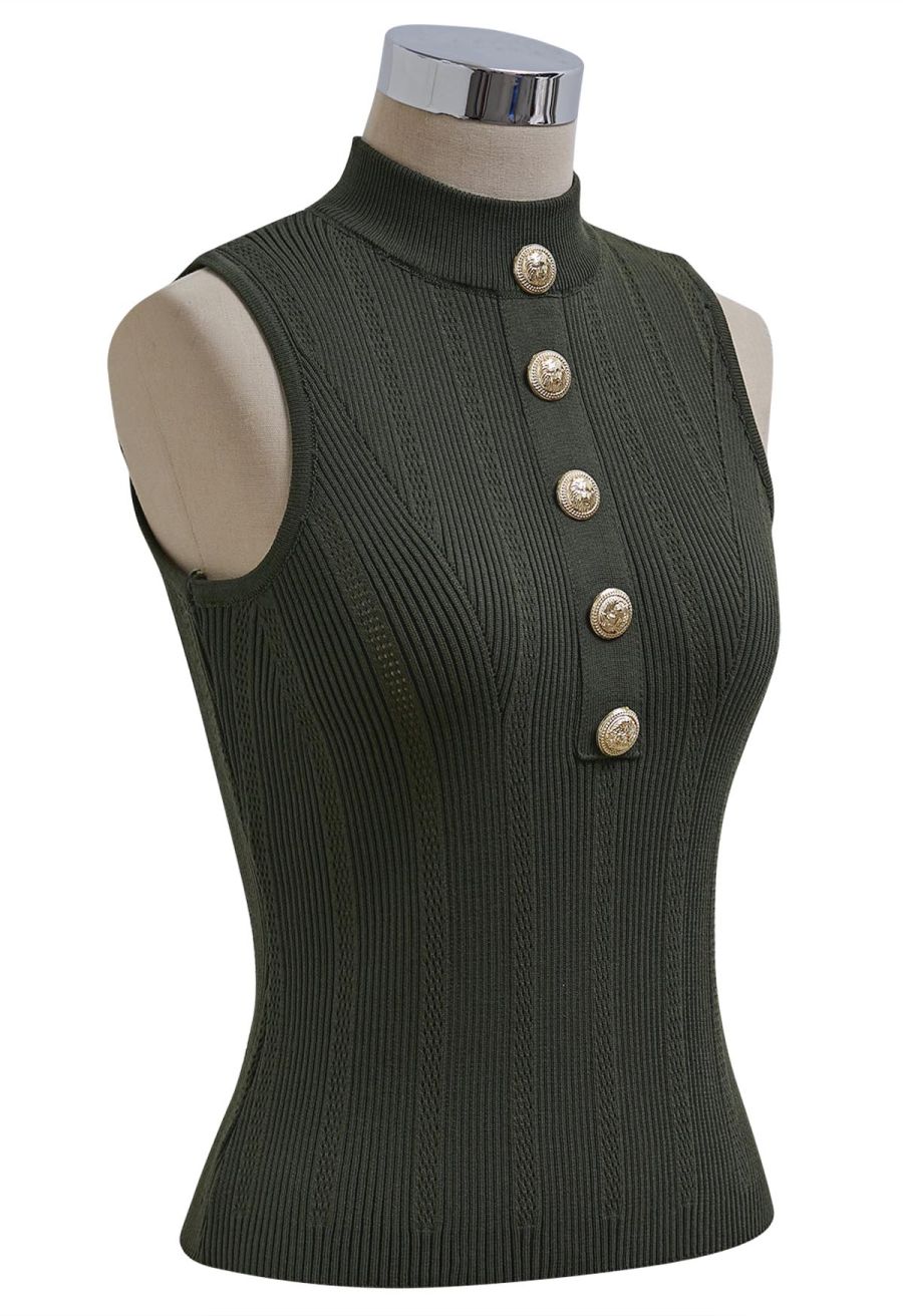 Golden Button Trim Sleeveless Rib Knit Top in Army Green