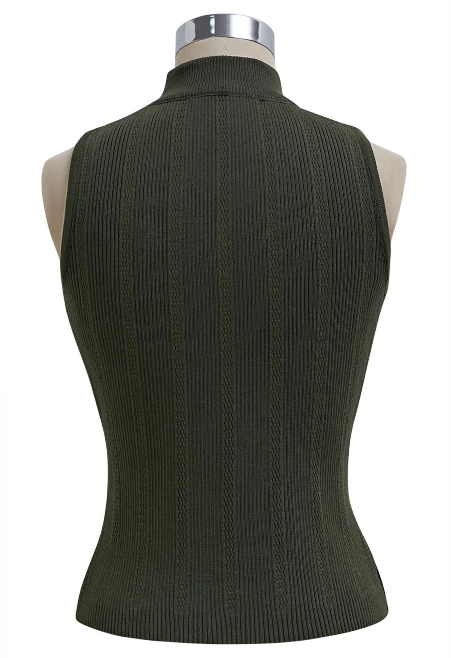 Golden Button Trim Sleeveless Rib Knit Top in Army Green