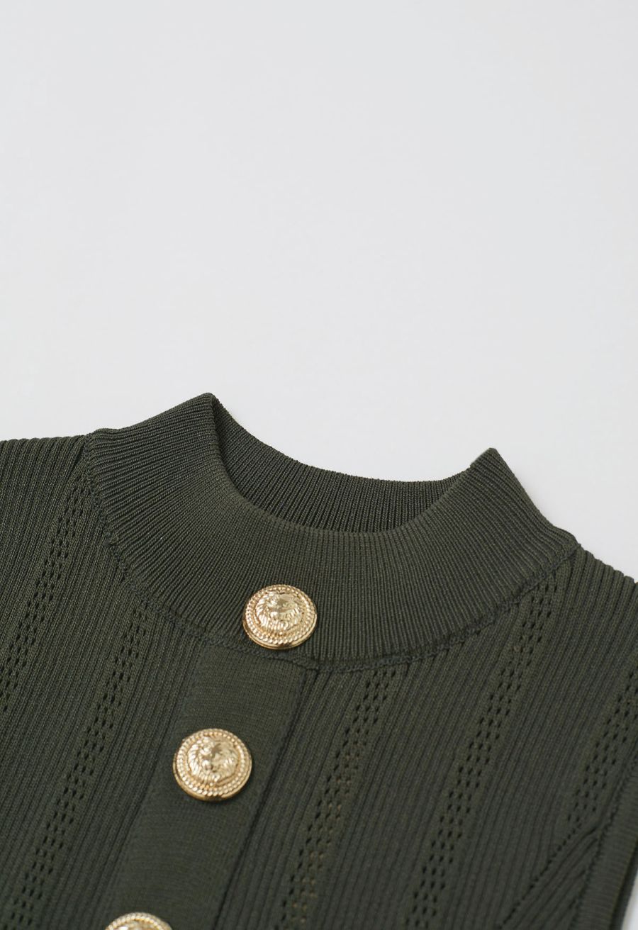 Golden Button Trim Sleeveless Rib Knit Top in Army Green