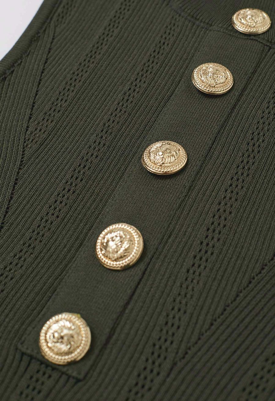 Golden Button Trim Sleeveless Rib Knit Top in Army Green