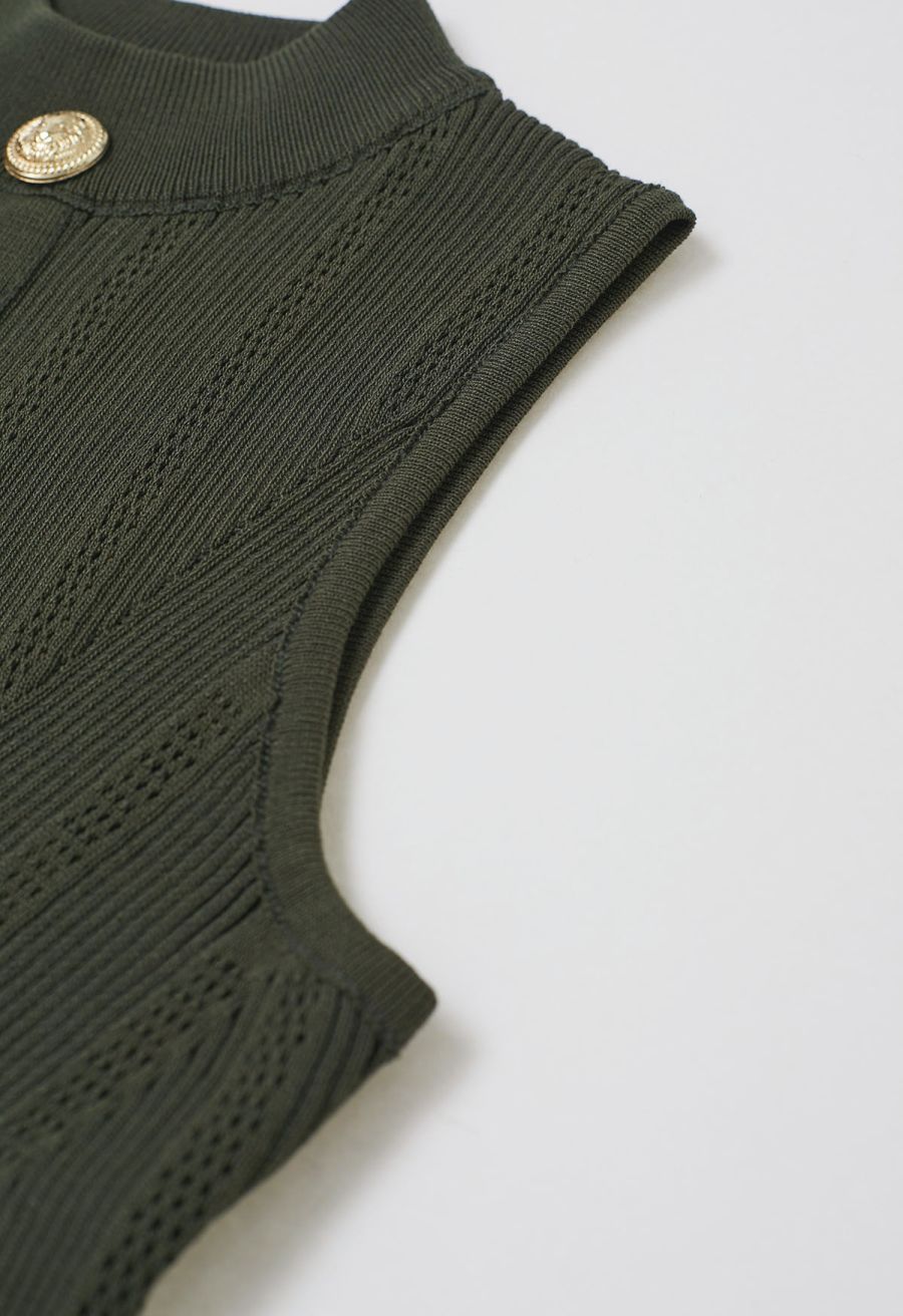 Golden Button Trim Sleeveless Rib Knit Top in Army Green