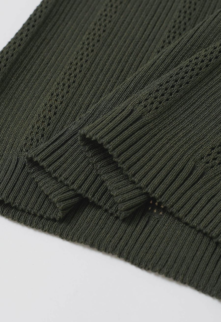 Golden Button Trim Sleeveless Rib Knit Top in Army Green