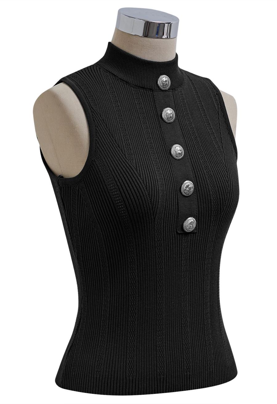 Golden Button Trim Sleeveless Rib Knit Top in Black