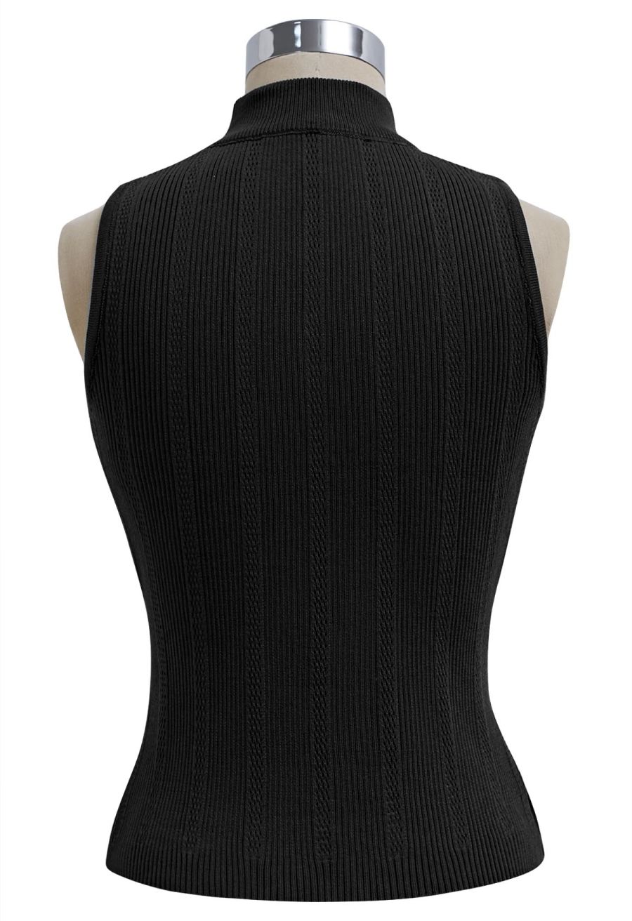 Golden Button Trim Sleeveless Rib Knit Top in Black