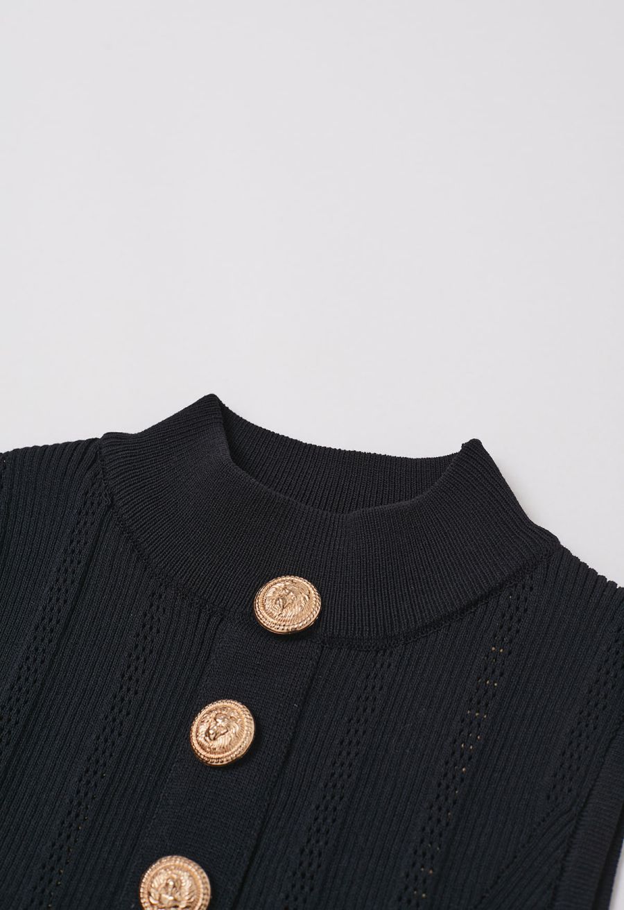 Golden Button Trim Sleeveless Rib Knit Top in Black