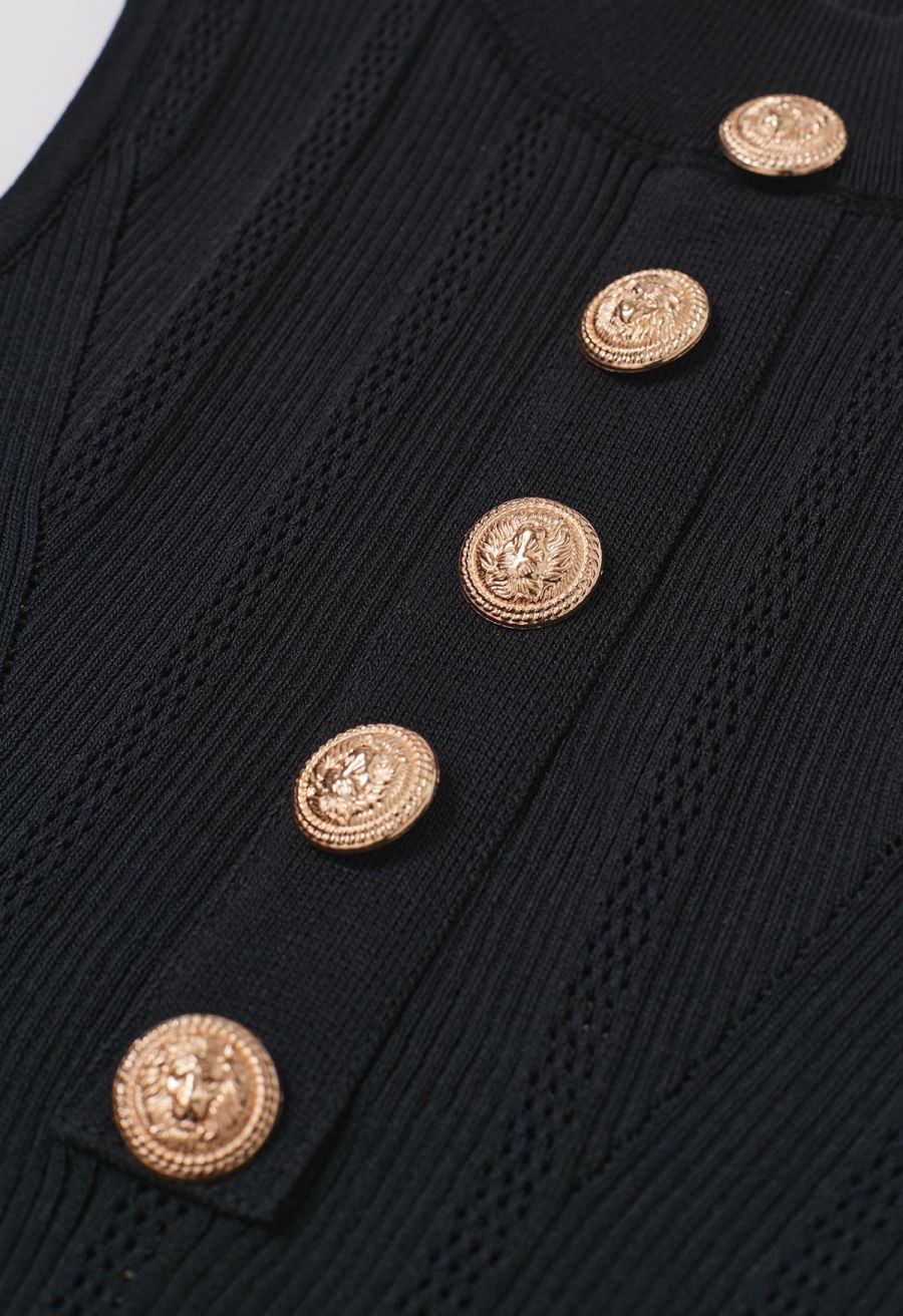 Golden Button Trim Sleeveless Rib Knit Top in Black