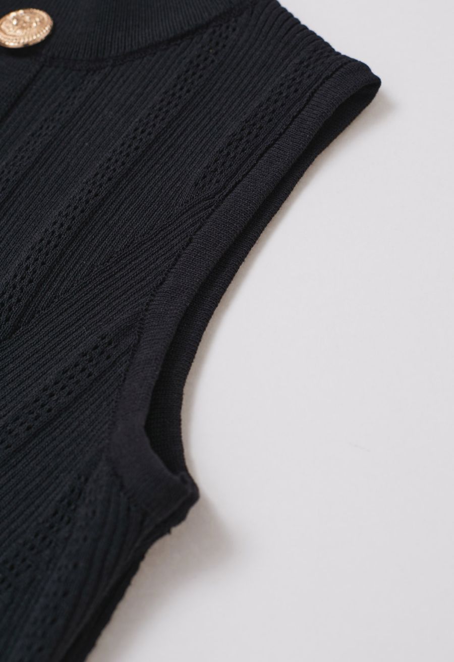 Golden Button Trim Sleeveless Rib Knit Top in Black