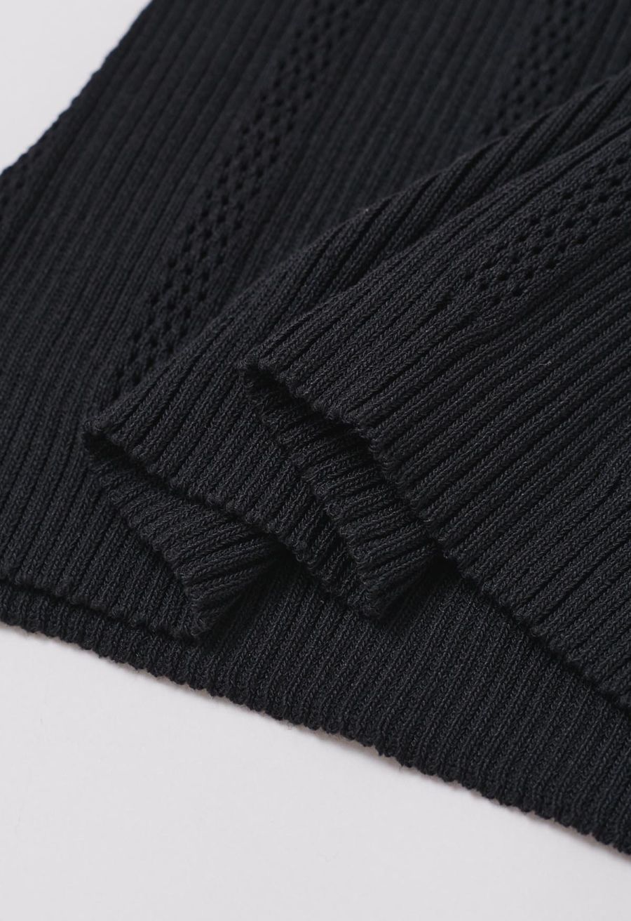 Golden Button Trim Sleeveless Rib Knit Top in Black