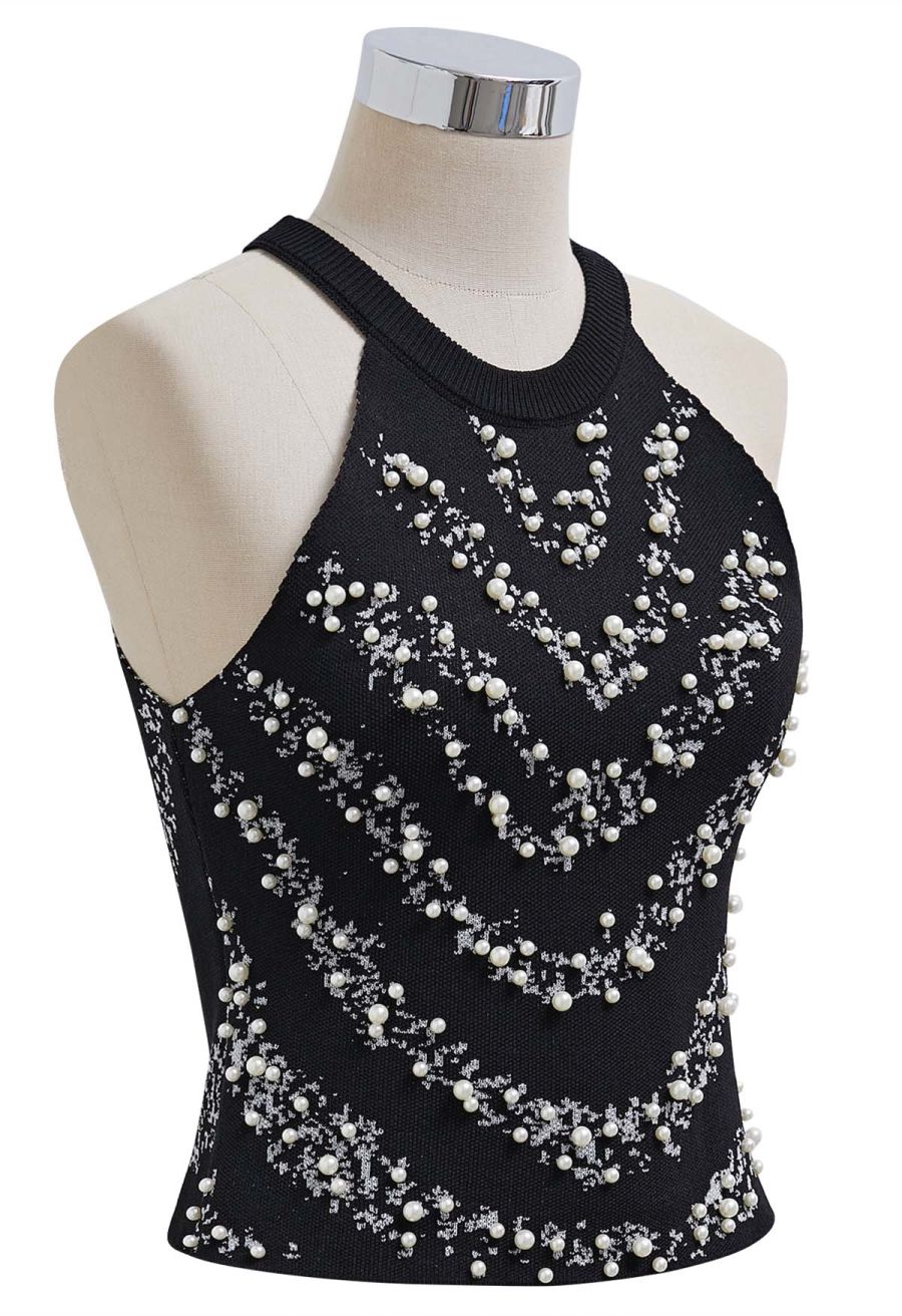 Pearl Embellished Metallic Knit Tank Top in Black