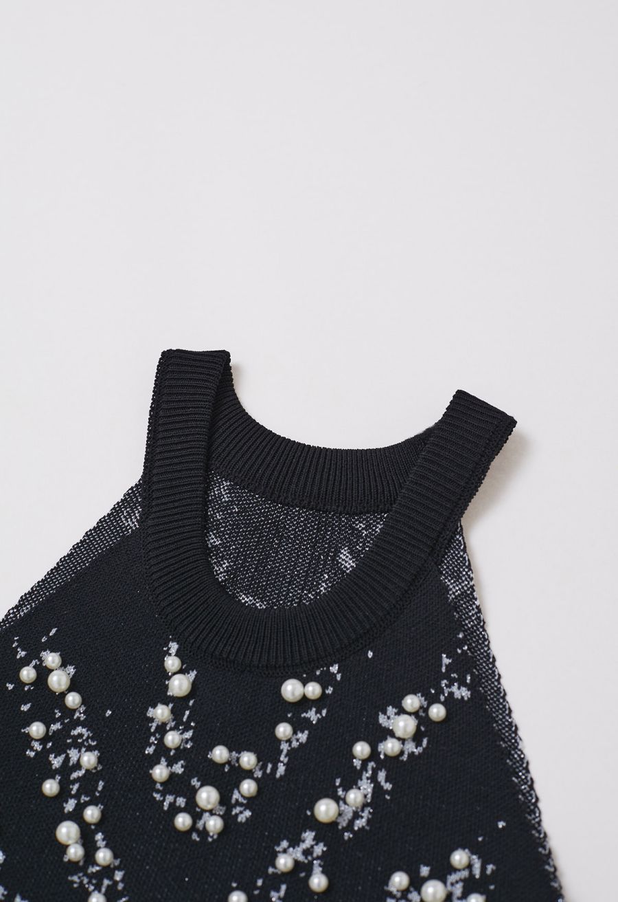 Pearl Embellished Metallic Knit Tank Top in Black