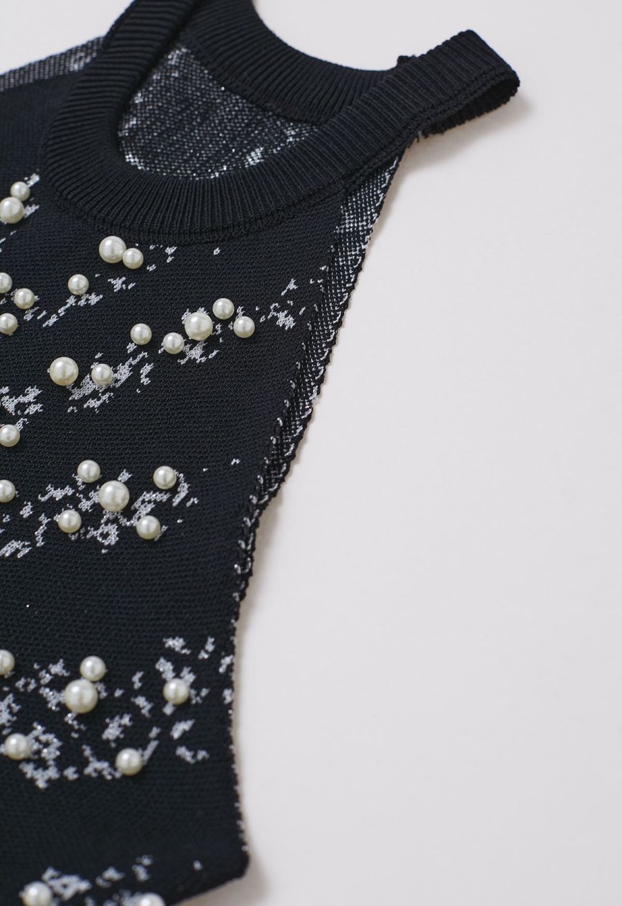Pearl Embellished Metallic Knit Tank Top in Black