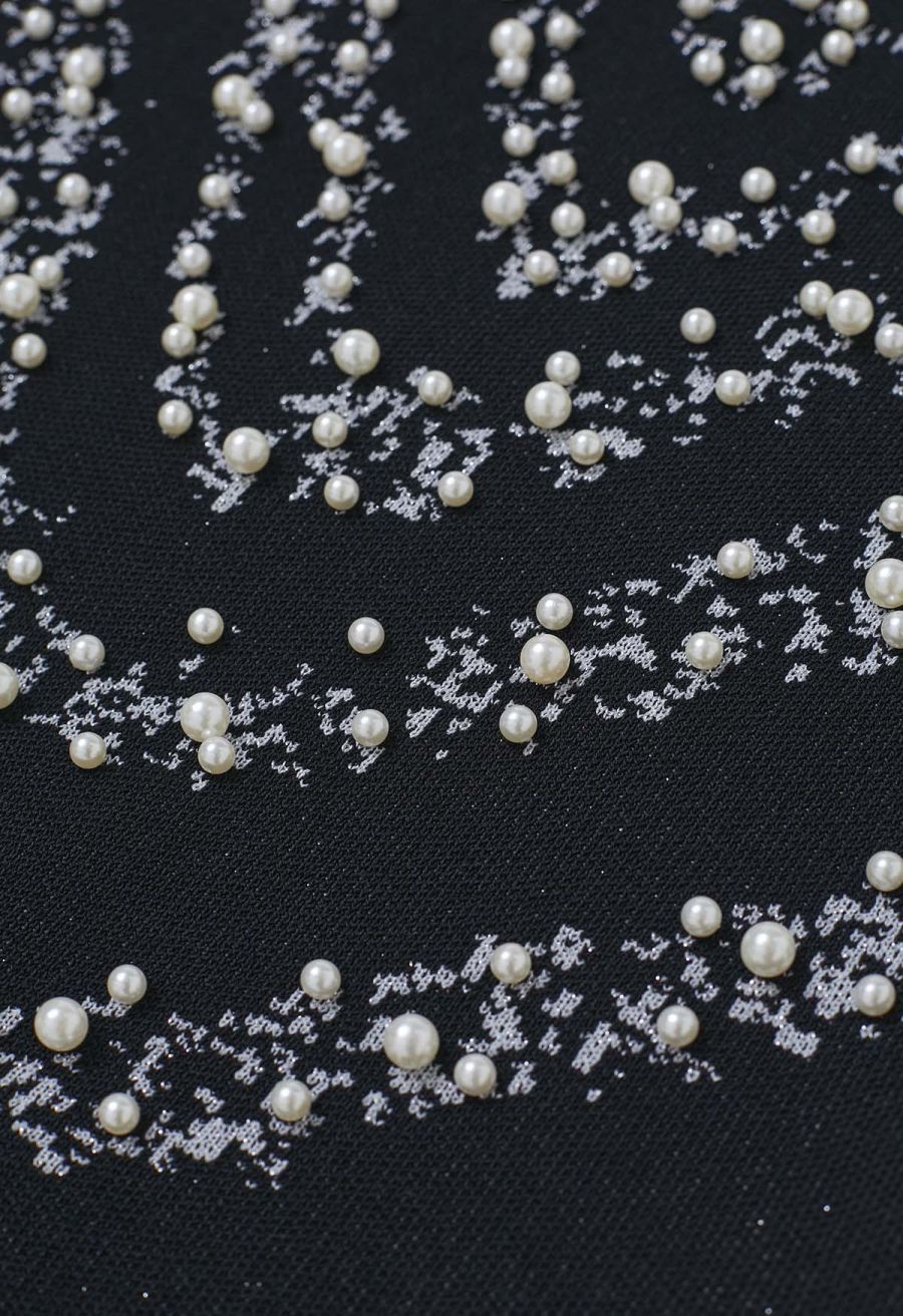 Pearl Embellished Metallic Knit Tank Top in Black