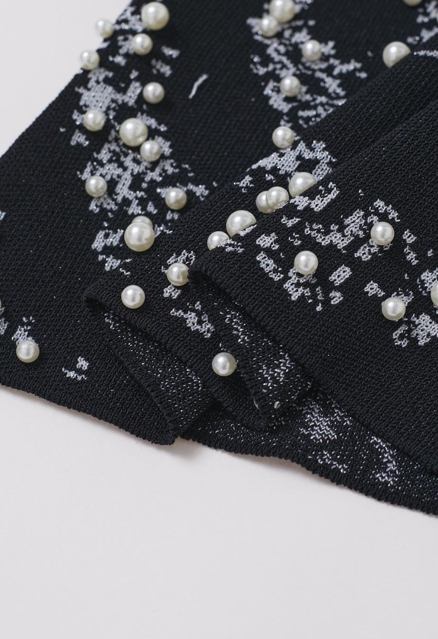 Pearl Embellished Metallic Knit Tank Top in Black