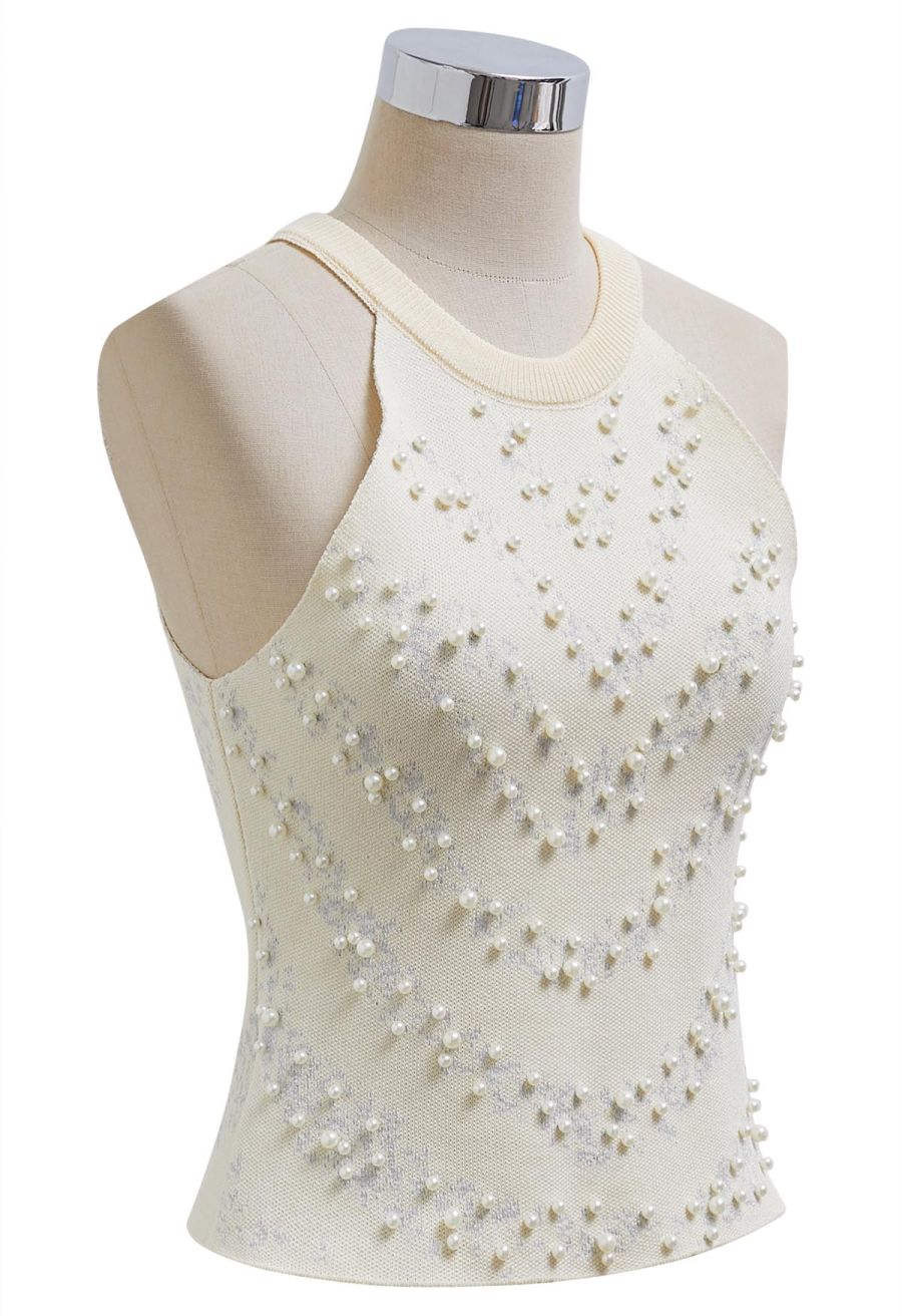 Pearl Embellished Metallic Knit Tank Top in Cream