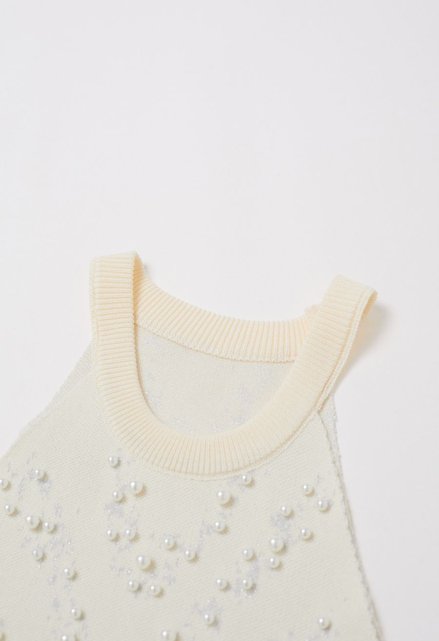 Pearl Embellished Metallic Knit Tank Top in Cream