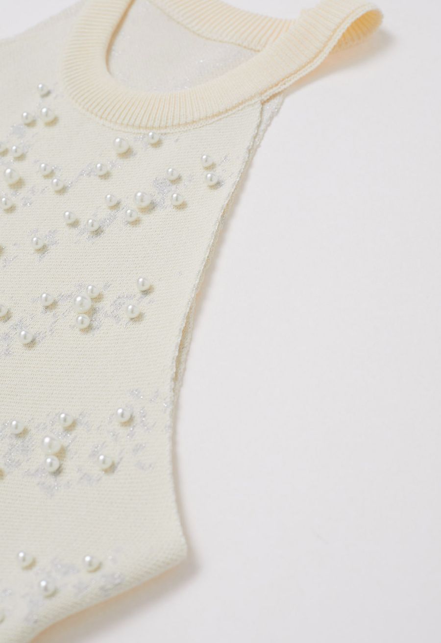 Pearl Embellished Metallic Knit Tank Top in Cream