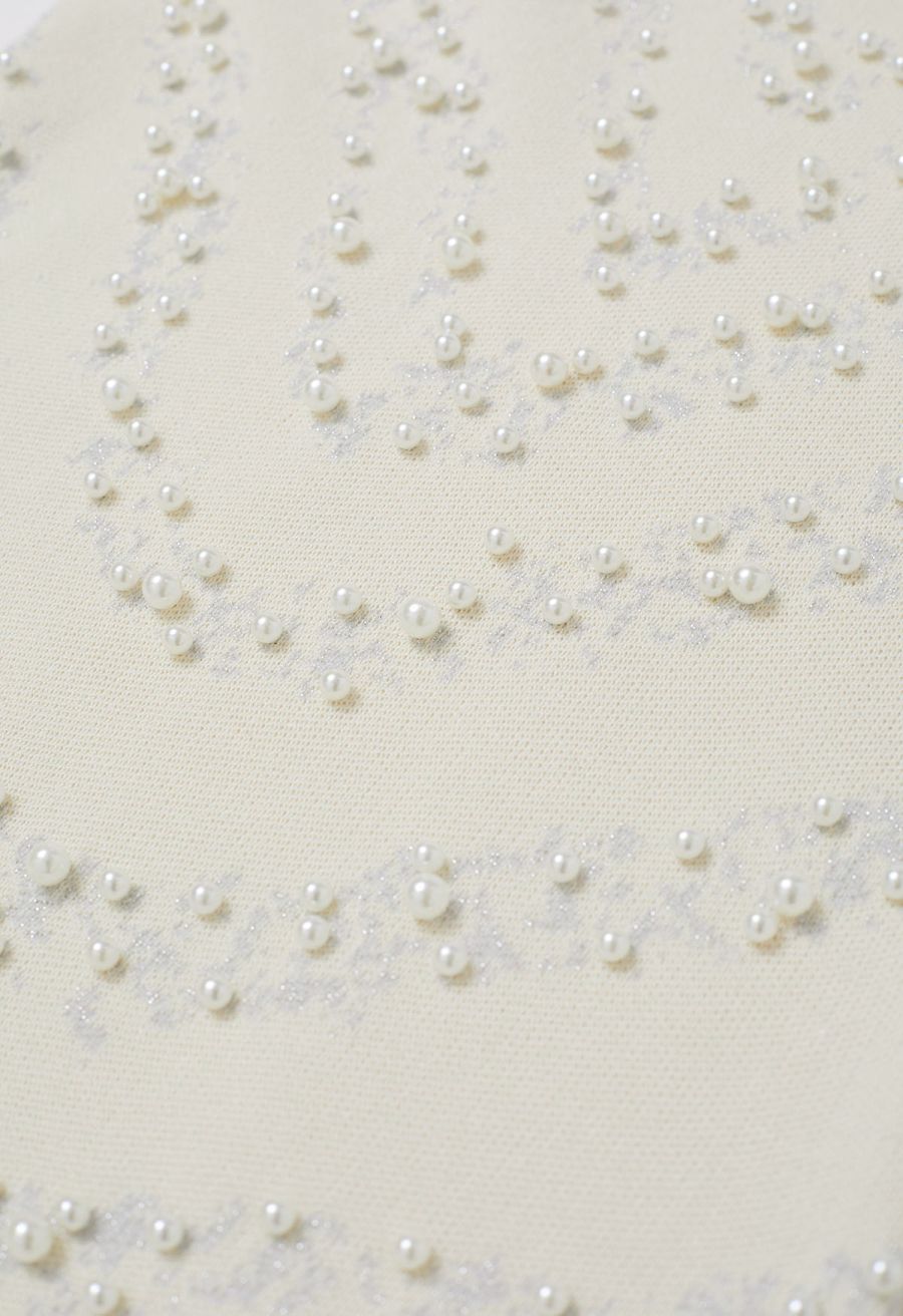 Pearl Embellished Metallic Knit Tank Top in Cream