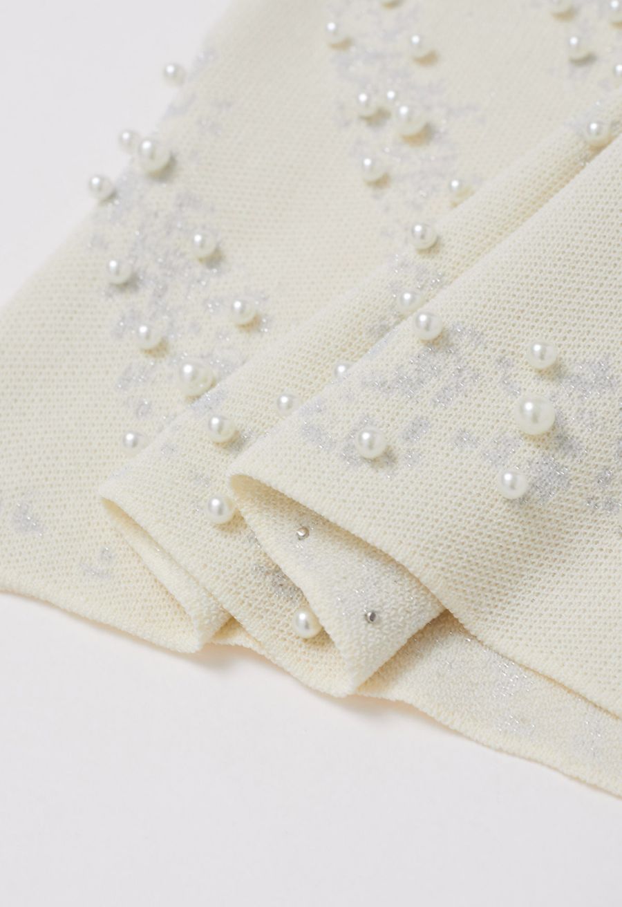 Pearl Embellished Metallic Knit Tank Top in Cream