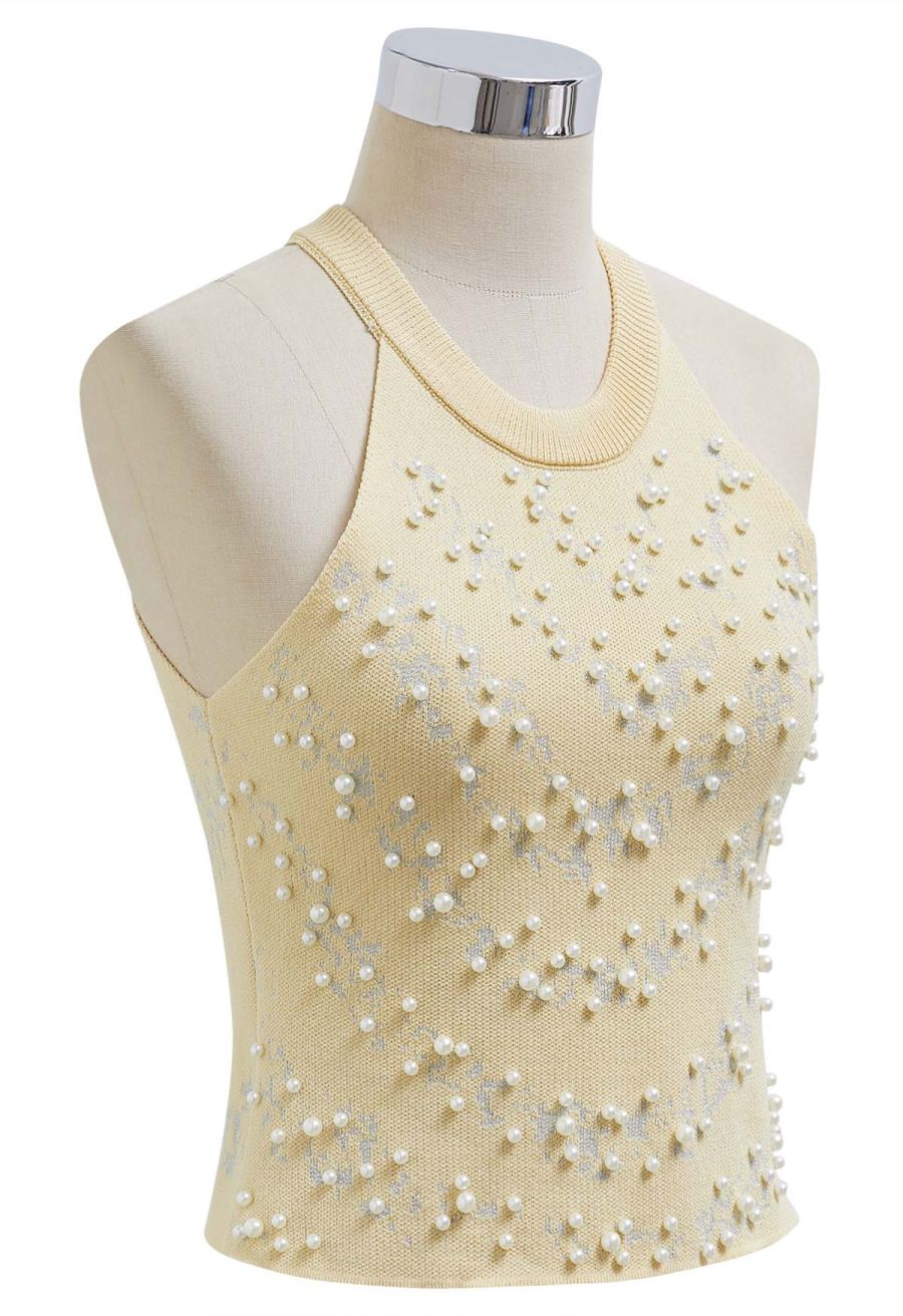 Pearl Embellished Metallic Knit Tank Top in Light Yellow