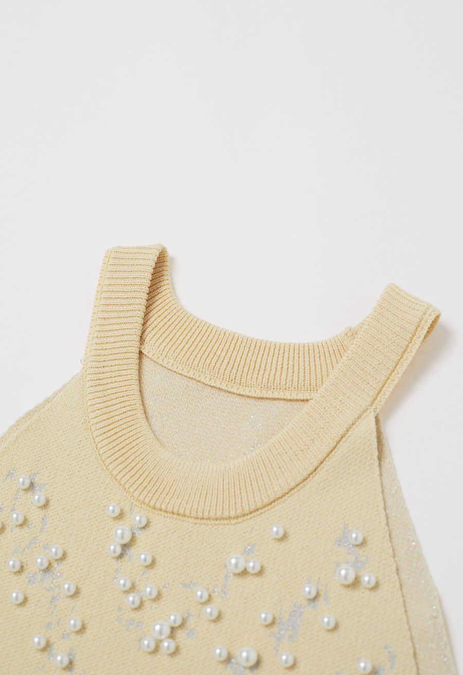 Pearl Embellished Metallic Knit Tank Top in Light Yellow