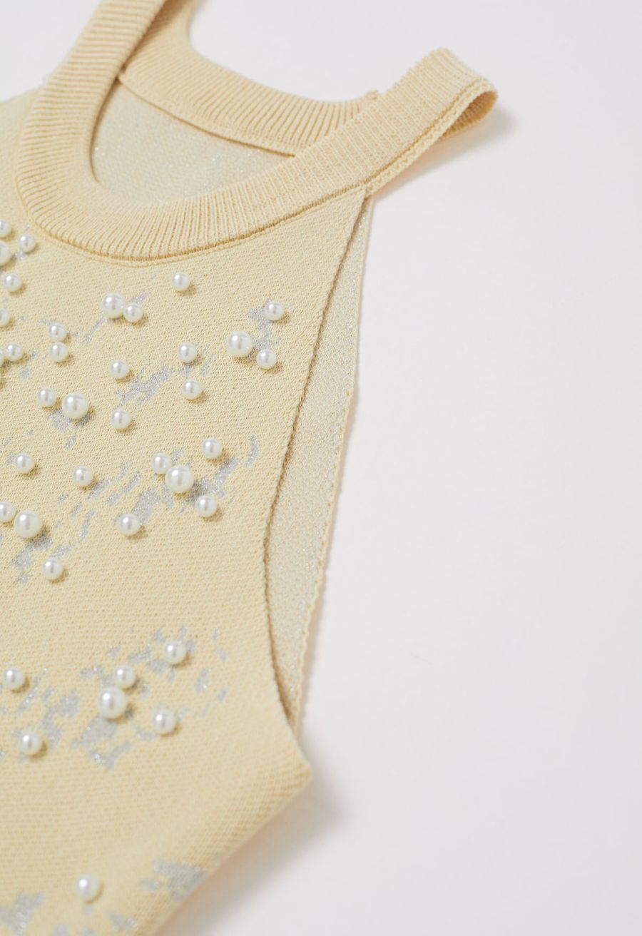 Pearl Embellished Metallic Knit Tank Top in Light Yellow