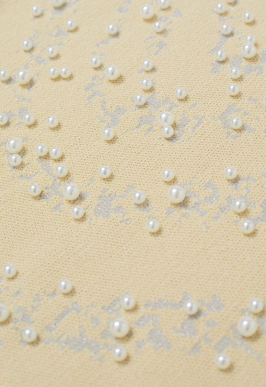 Pearl Embellished Metallic Knit Tank Top in Light Yellow