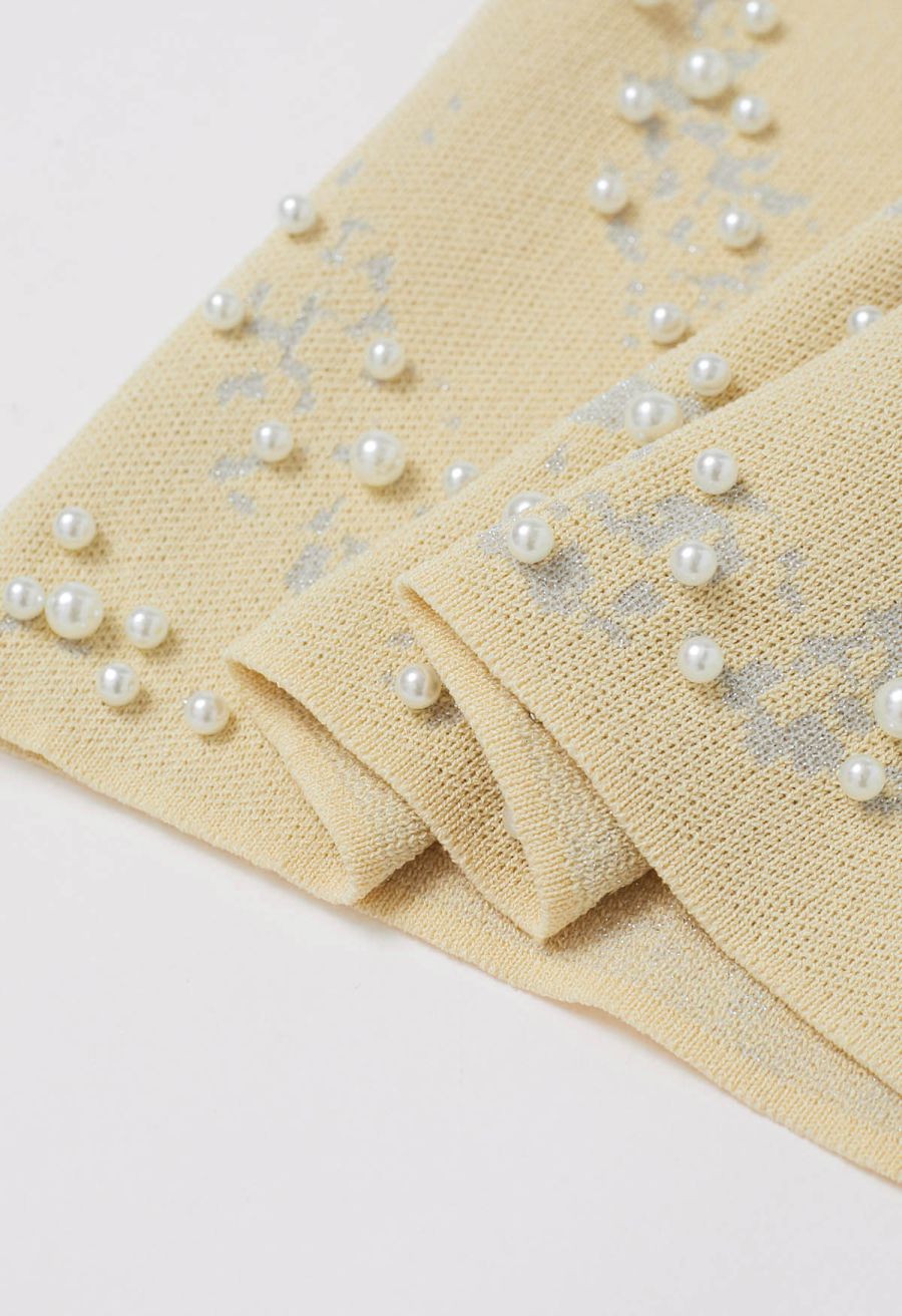 Pearl Embellished Metallic Knit Tank Top in Light Yellow